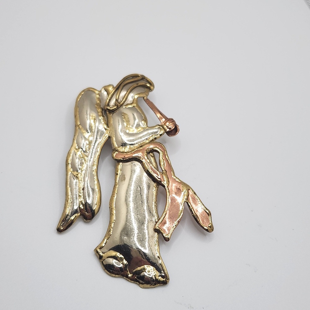 Vintage Brutalist Modernist Angel Brooch Tricolor Artisan Pin MCM Celestial
